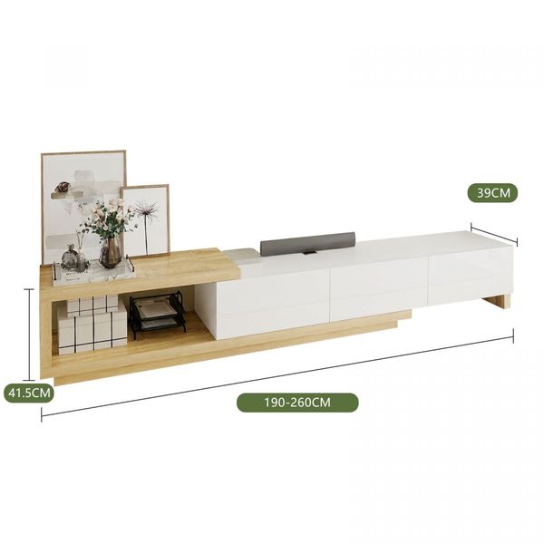 Extendable TV Stand Unit Storage Cabinet Entertainment Centre Console Table Bench 190 To 260cm 3 Drawers Oak and White