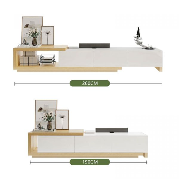 Extendable TV Stand Unit Storage Cabinet Entertainment Centre Console Table Bench 190 To 260cm 3 Drawers Oak and White