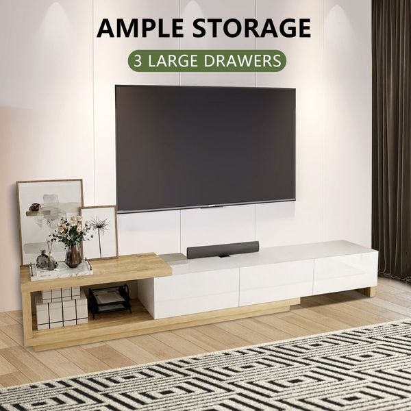 Extendable TV Stand Unit Storage Cabinet Entertainment Centre Console Table Bench 190 To 260cm 3 Drawers Oak and White