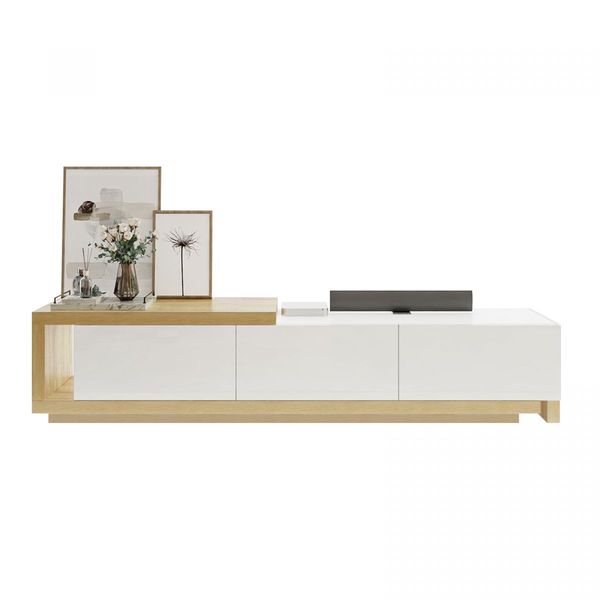 Extendable TV Stand Unit Storage Cabinet Entertainment Centre Console Table Bench 190 To 260cm 3 Drawers Oak and White