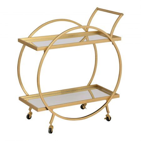 Gold Bar Cart Drinks Trolley Coffee Wine Tea Kitchen Serving Rack Round Outdoor Shelf Vintage with 2 Mirror Shelves Handle  