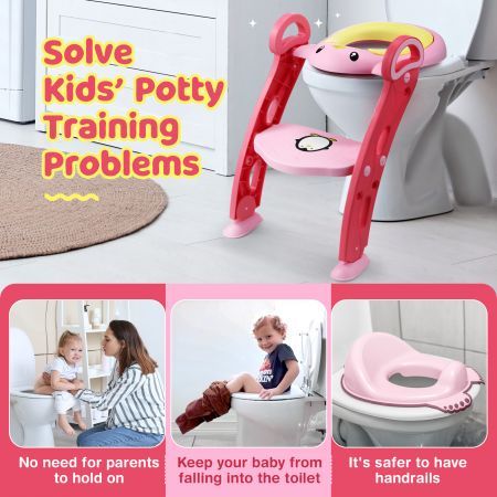 Potty Training Seat Kid Toilet Trainer Step Chair Stool Ladder Height Adjustable Foldable Armrests Nonslip Pads Splash Guard