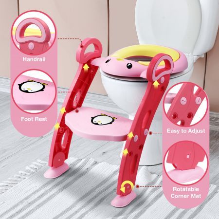 Potty Training Seat Kid Toilet Trainer Step Chair Stool Ladder Height Adjustable Foldable Armrests Nonslip Pads Splash Guard