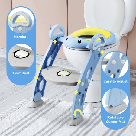 Potty Training Seat Kid Toilet Trainer Step Chair Stool Ladder Foldable Height Adjustable Armrests Nonslip Pads Splash Guard 