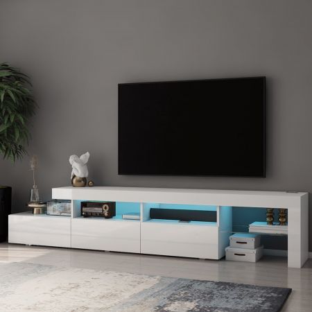 Luxsuite Smart TV Unit Stand White Entertainment Centre LED Storage Cabinet Console Table Bench Shelf Rack 3 Drawers Full High Gloss Finish Human Induction