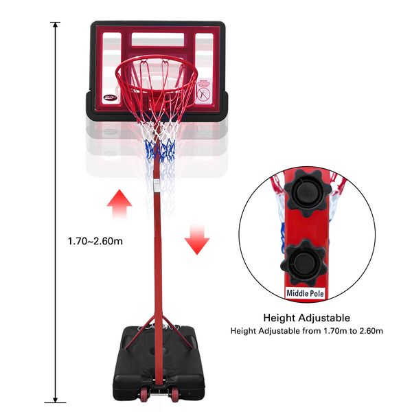 Portable Basketball Hoop Indoor Stand System Ring Net Set Outdoor 1.7m-2.6m Height Adjustable Ball Kids Genki