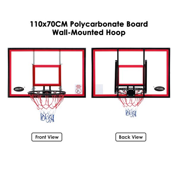 Indoor Basketball Hoop Wall Mounted Backboard Ring System Set Net Door Goals Rim Standard No.7 Balls 110 x 70cm