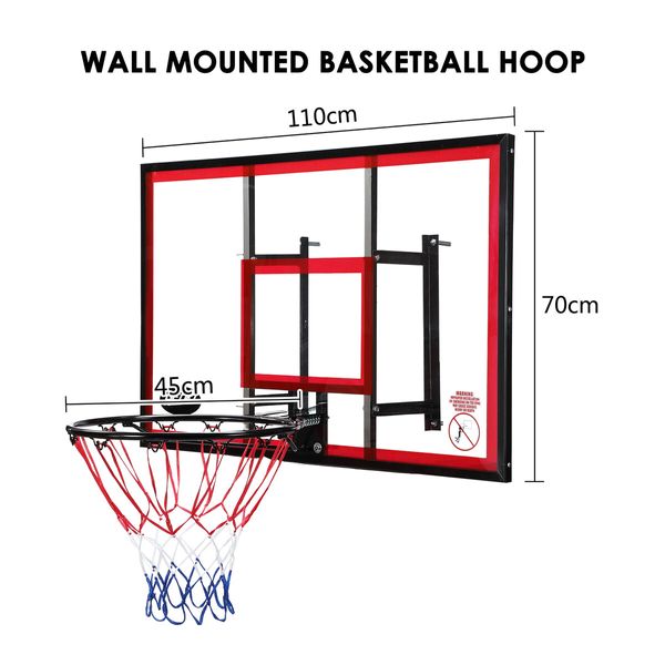 Indoor Basketball Hoop Wall Mounted Backboard Ring System Set Net Door Goals Rim Standard No.7 Balls 110 x 70cm