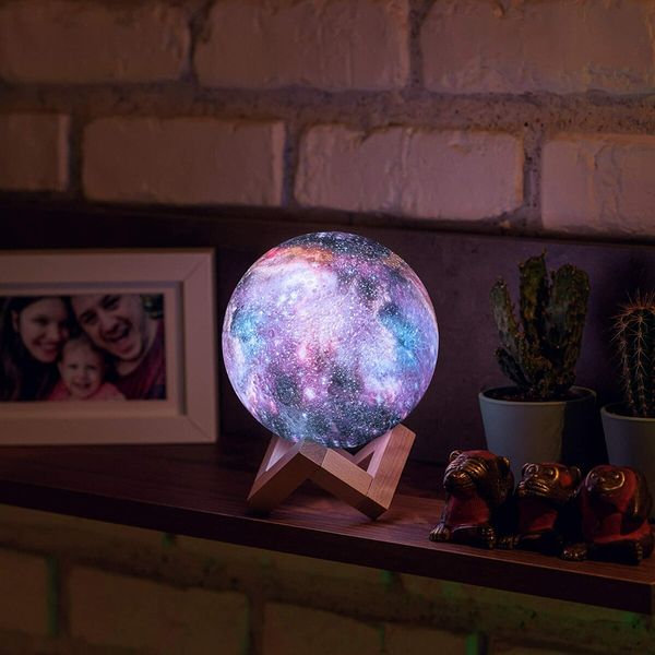 3D Galaxy Moon Lamp,Cool Night Light for Kids,12CM,16 Colors,Remote Control,Wood Stand - Space Gift for kids, Room Decor for Teen Girls - Pink Lava Lamp