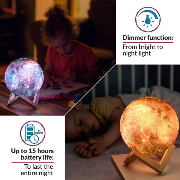 3D Galaxy Moon Lamp,Cool Night Light for Kids,12CM,16 Colors,Remote Control,Wood Stand - Space Gift for kids, Room Decor for Teen Girls - Pink Lava Lamp