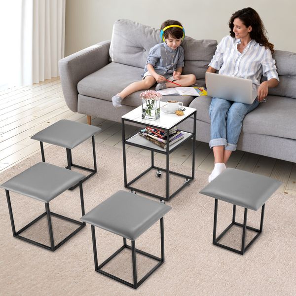 Space Saving Mobile Table Padded Chair Set of 5 Side End Hideaway Multifunctional with Wheels Marble Top