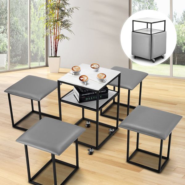 Space Saving Mobile Table Padded Chair Set of 5 Side End Hideaway Multifunctional with Wheels Marble Top