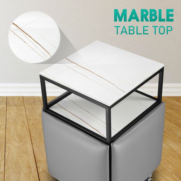 Space Saving Mobile Table Padded Chair Set of 5 Side End Hideaway Multifunctional with Wheels Marble Top