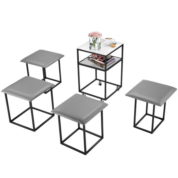 Space Saving Mobile Table Padded Chair Set of 5 Side End Hideaway Multifunctional with Wheels Marble Top