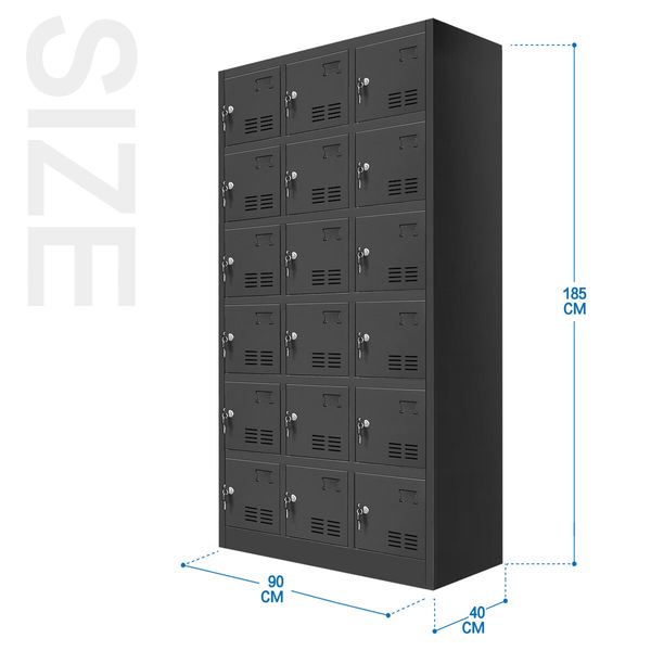 Steel Locker Storage Cabinet 18 Doors Filing Cupboard Metal Organiser Gym Home Office Stationary Lab Black