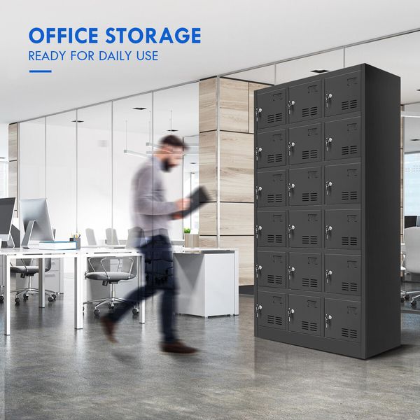 Steel Locker Storage Cabinet 18 Doors Filing Cupboard Metal Organiser Gym Home Office Stationary Lab Black