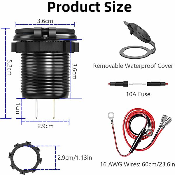 12V Socket USB Charger Dual QC 3.0 with LED Voltmeter and Power Switch, Waterproof Aluminum Car Charger Adapter for RV Marine Motorcycle Truck Golf Cart RV etc. 2Pack