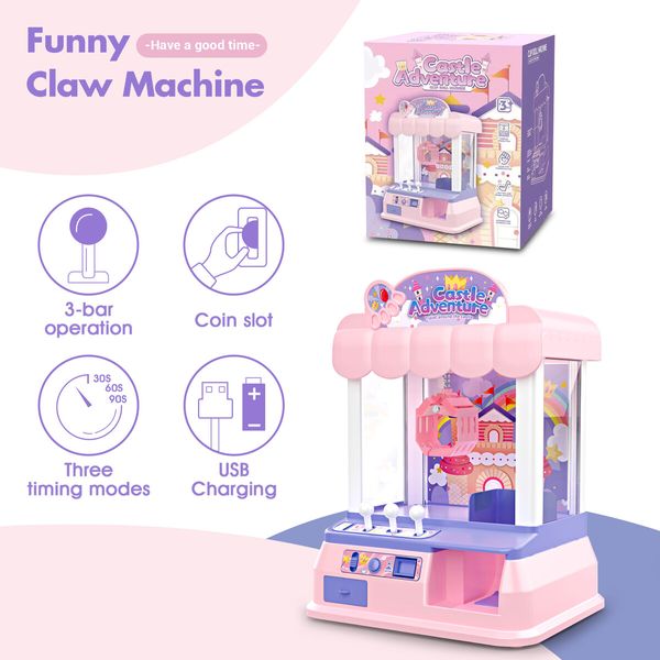 Mini Claw Machine Arcade Toy Grabber Candy Sweets Carnival Fair Gaming Party Birthday Xmas LED Light Animation Pink