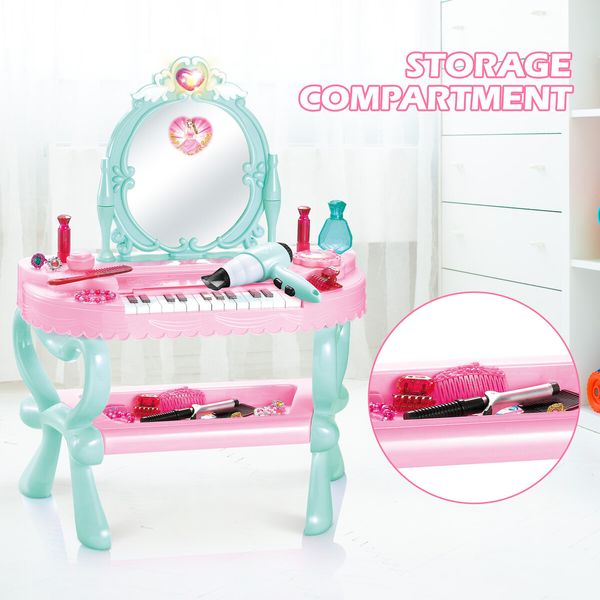 Kids Dressing Table Piano 2IN1 Vanity Set Pretend Makeup Desk Dresser Toy Chair Mirror Music Light 