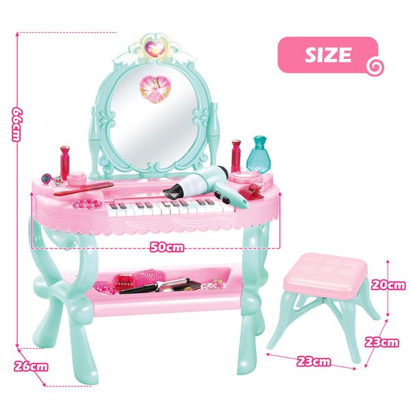 Kids Dressing Table Piano 2IN1 Vanity Set Pretend Makeup Desk Dresser Toy Chair Mirror Music Light 