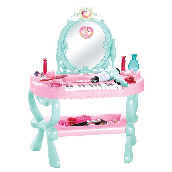 Kids Dressing Table Piano 2IN1 Vanity Set Pretend Makeup Desk Dresser Toy Chair Mirror Music Light 