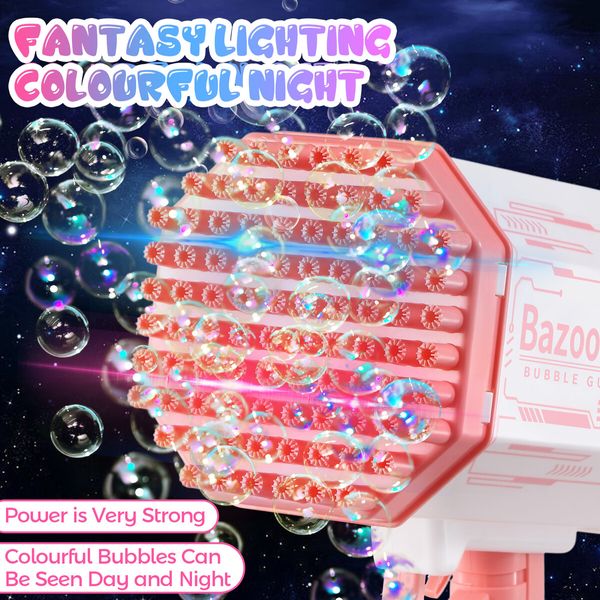 Bubble Gun Rocket Toy Machine Blower Soap Water Maker Launcher Best Gift for Kids Party LED Light Lithium Pink 