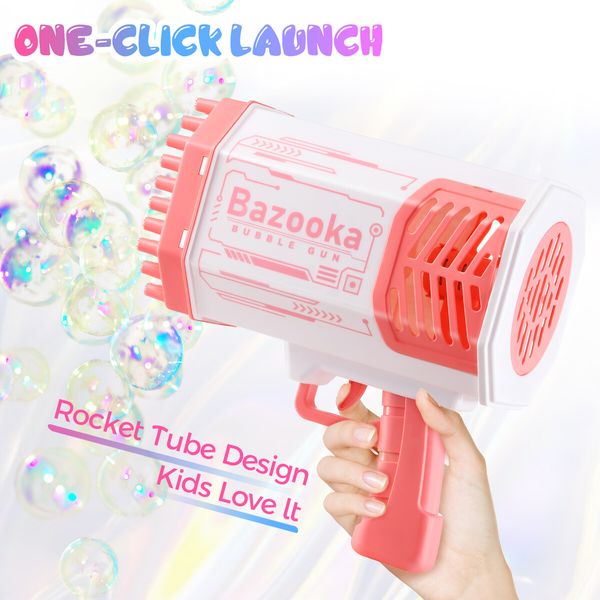 Bubble Gun Rocket Toy Machine Blower Soap Water Maker Launcher Best Gift for Kids Party LED Light Lithium Pink 