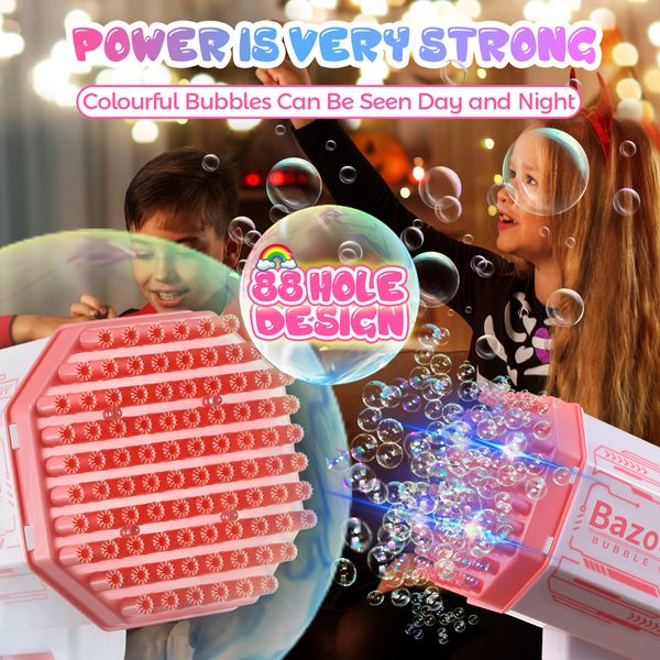 Bubble Gun Rocket Toy Machine Blower Soap Water Maker Launcher Best Gift for Kids Party LED Light Lithium Pink 