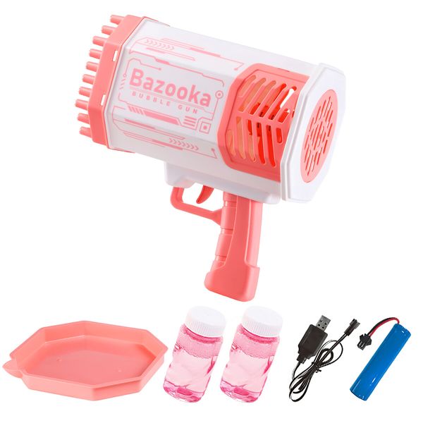 Bubble Gun Rocket Toy Machine Blower Soap Water Maker Launcher Best Gift for Kids Party LED Light Lithium Pink 