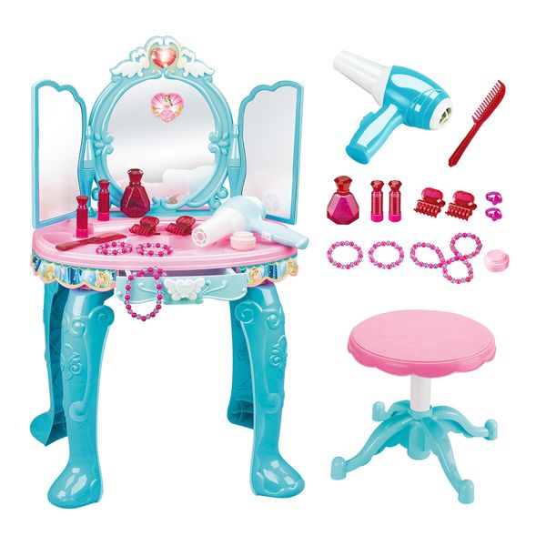 Kids Dressing Table Pretend Makeup Vanity Dresser Toy Play Set Beauty Cosmetic Kit with Chair Mirror Music Light Sensor