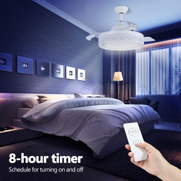 Ceiling Fan Light With LED Remote Control Cooling Quiet Retractable Bedroom Living Room Modern 3 Blades 3 Speed 4 Timers 42 Inch White