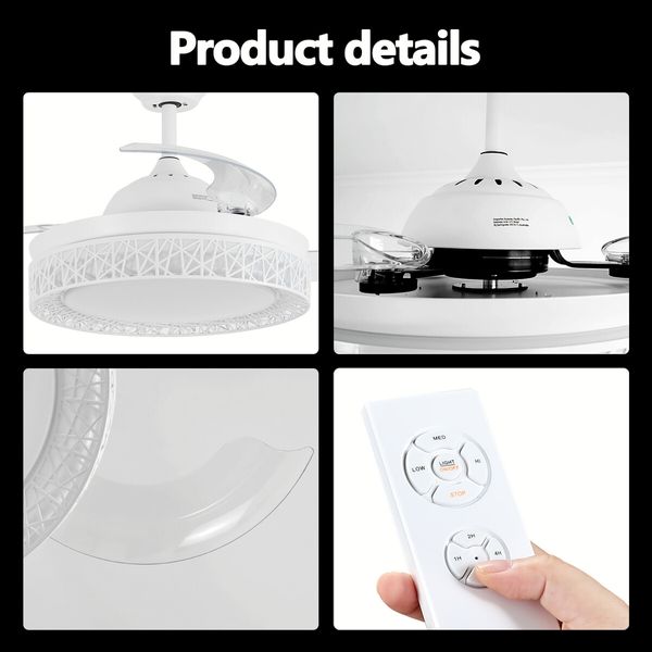 Ceiling Fan Light With LED Remote Control Cooling Quiet Retractable Bedroom Living Room Modern 3 Blades 3 Speed 4 Timers 42 Inch White