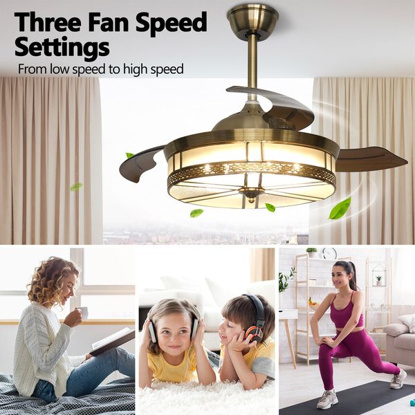 Ceiling Fan Light Cooling With Remote Control LED Retractable Quiet Modern Bedroom Living Room 3 Blades 3 Speed 4 Timers 42 Inch Dark Coffee