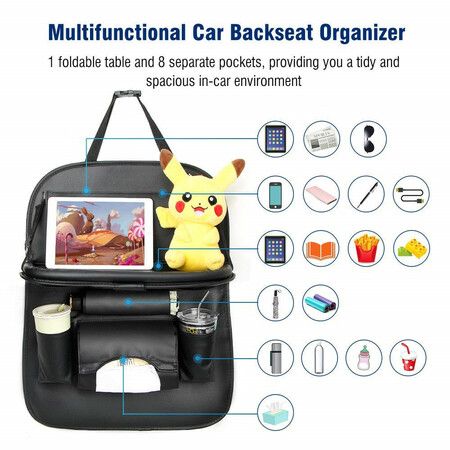 Car Backseat Organizer with Tablet Holder PU Leather with Foldable Table Tray Car Seat Back Protectors Kick Mats Travel Accessories-Black 1Pcs