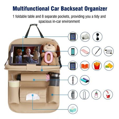 Car Backseat Organizer with Tablet Holder PU Leather with Foldable Table Tray Car Seat Back Protectors Kick Mats Travel Accessories- Beige 1Pc