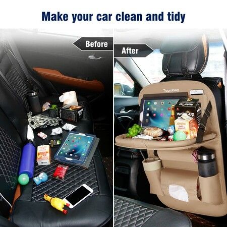 Car Backseat Organizer with Tablet Holder PU Leather with Foldable Table Tray Car Seat Back Protectors Kick Mats Travel Accessories- Beige 1Pc