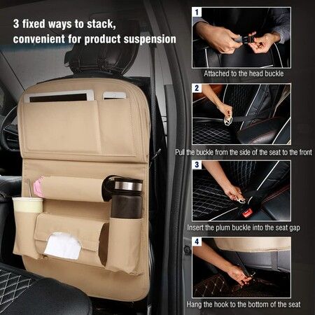 Car Backseat Organizer with Tablet Holder PU Leather with Foldable Table Tray Car Seat Back Protectors Kick Mats Travel Accessories- Beige 1Pc