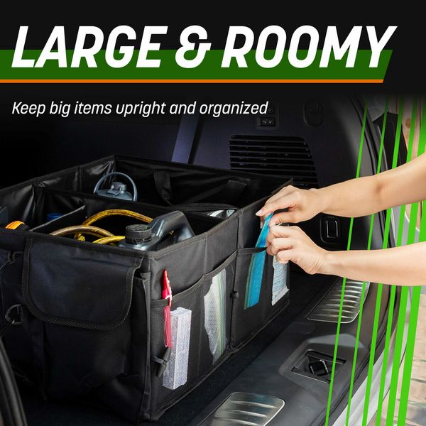 Drive Car Trunk Organizer Collapsible Multi-Compartment Automotive SUV Car Organizer for Adjustable Straps 58*43*27cm(Black)