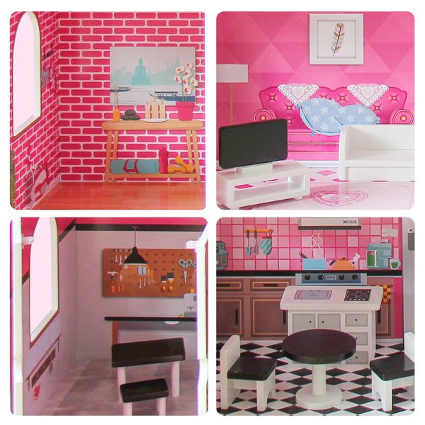 Doll Houses Dollhouse Furniture Cottage Pretend Play Dreamhouse Playset with Elevator Lift for Kids Girls 4 Storeys Pink 