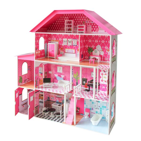 Doll Houses Dollhouse Furniture Cottage Pretend Play Dreamhouse Playset with Elevator Lift for Kids Girls 4 Storeys Pink 