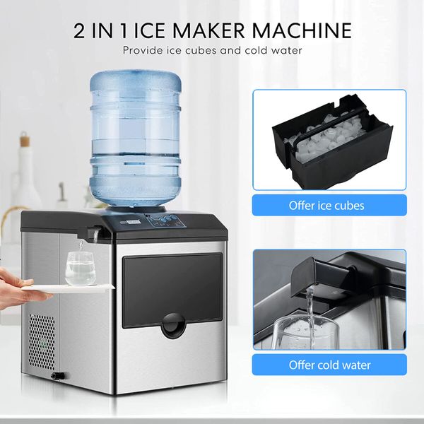 22kg Ice Maker Cold Water Dispenser 2 In 1 Bullet Cube Making Machine Countertop Home Commercial Stainless Steel Maxkon