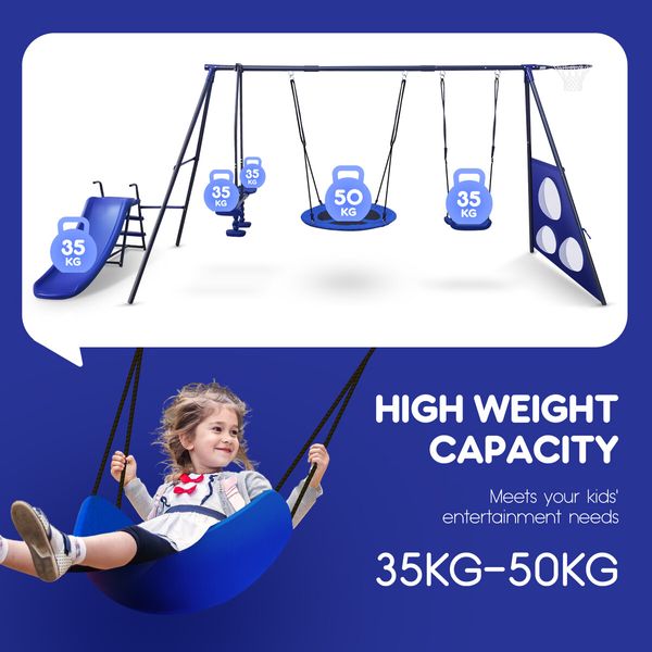 Swing Set With Slide Seesaw Basketball Hoop Football Gate Outdoor Playset Children Metal 6 In 1