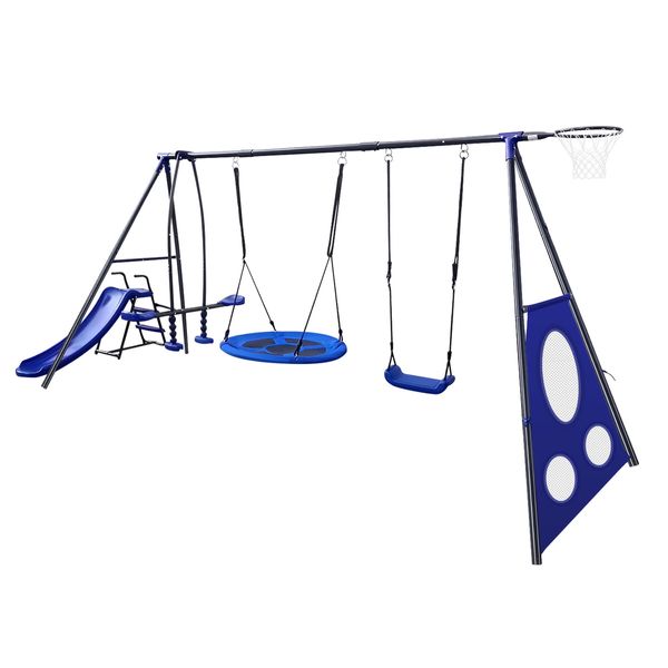 Swing Set With Slide Seesaw Basketball Hoop Football Gate Outdoor Playset Children Metal 6 In 1