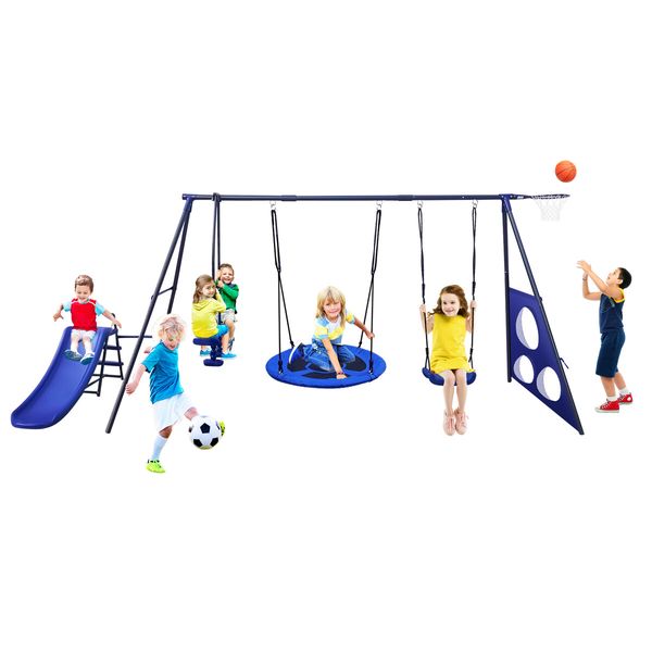 Swing Set With Slide Seesaw Basketball Hoop Football Gate Outdoor Playset Children Metal 6 In 1