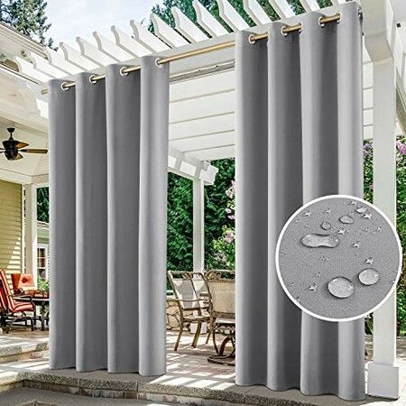 2X Waterproof Outdoor Curtains for Thermal Insulated Sun Blocking Grommet Blackout Porch and Cabana Grey 132x213cm