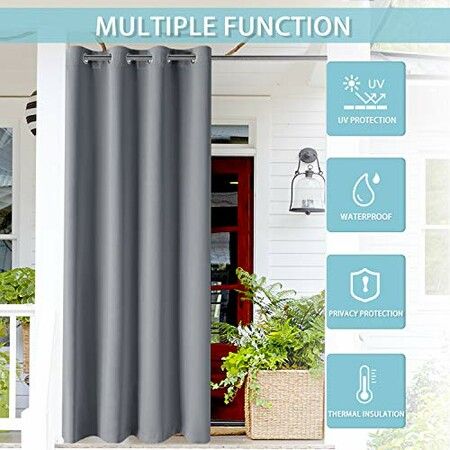 2X Waterproof Outdoor Curtains for Thermal Insulated Sun Blocking Grommet Blackout Porch and Cabana Grey 132x213cm