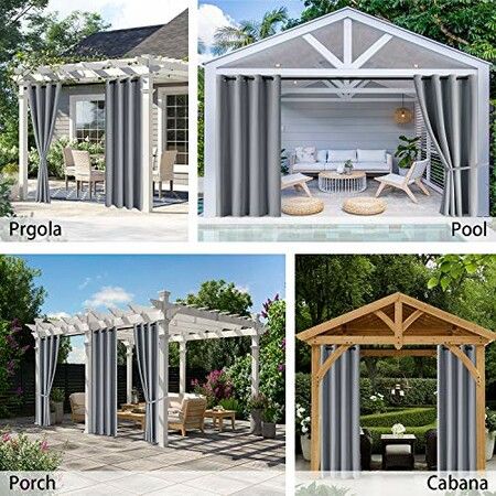 2X Waterproof Outdoor Curtains for Thermal Insulated Sun Blocking Grommet Blackout Porch and Cabana Grey 132x213cm