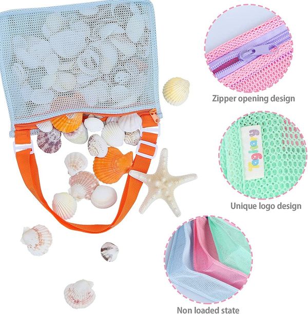 Beach Toy Mesh Beach Bag Kids Shell Collecting Bag Beach Sand Toy Seashell Bag for Holding Swimming Accessories for Boys and Girls(Only Bags,A Set of 3 )