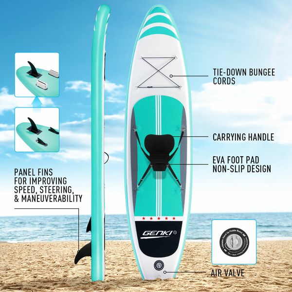 Kayak Stand Up SUP Paddle Surfing Board Inflatable Blow Foam Surfboard GENKI 2 In 1 with Seat Green