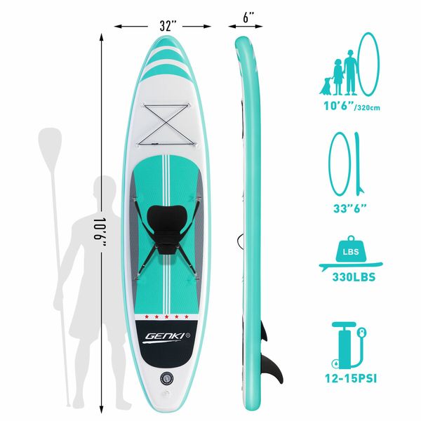 Kayak Stand Up SUP Paddle Surfing Board Inflatable Blow Foam Surfboard GENKI 2 In 1 with Seat Green